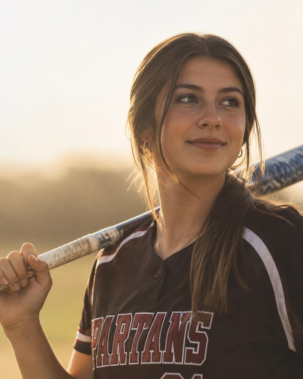 Rosangel Peña in her softball jersey at golden hour